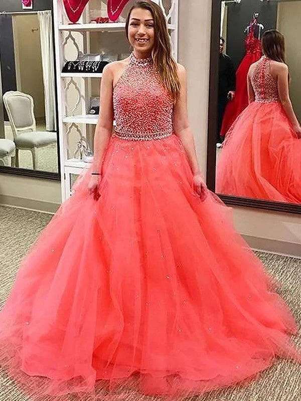 embroidered evening dress-Ball Gown Sleeveless Halter Beading Floor-Length Tulle Dresses