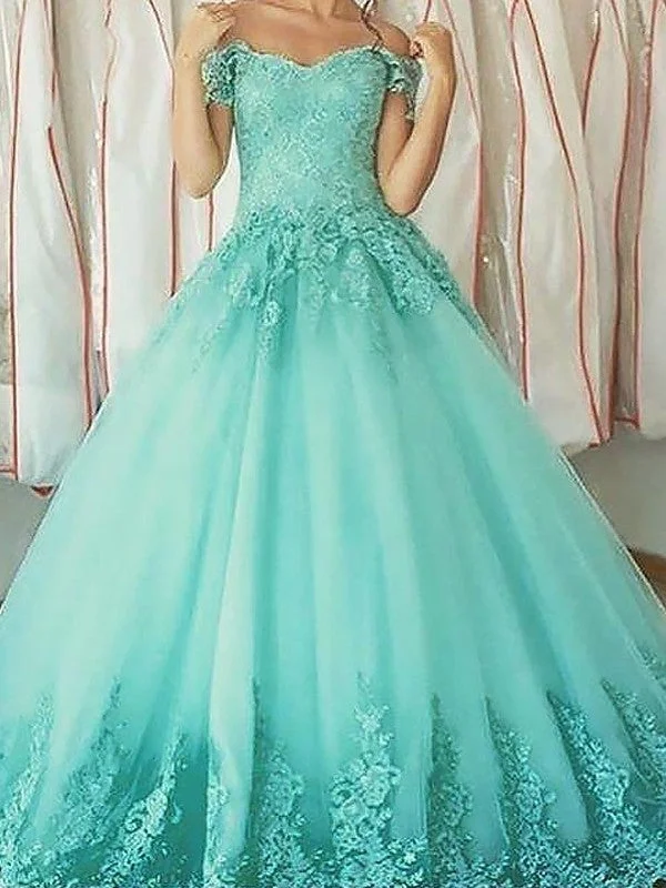 evening dress with floral print-Ball Gown Sleeveless Off-the-Shoulder Applique Floor-Length Tulle Dresses