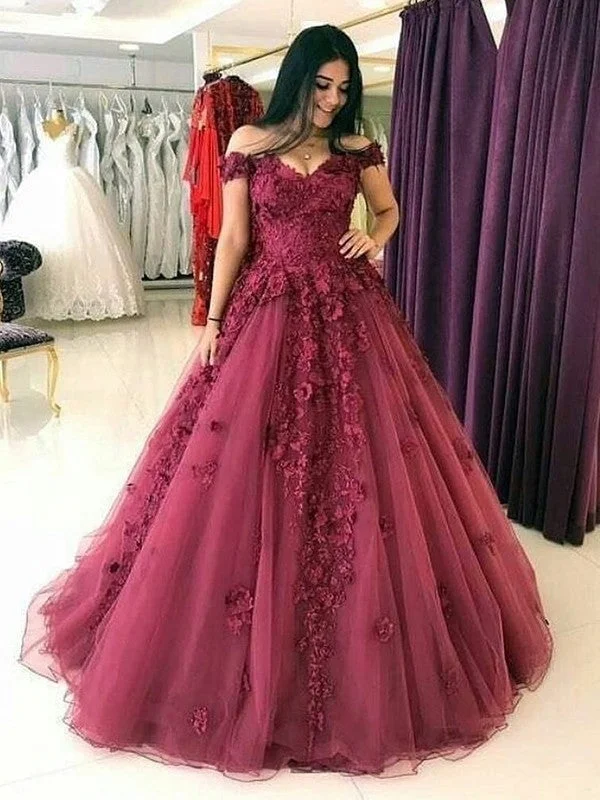 vintage evening dress-Ball Gown Sleeveless Off-the-Shoulder Sweep/Brush Train Applique Tulle Dresses