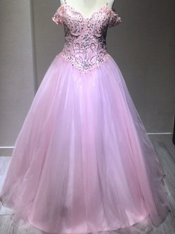 evening dress with train-Ball Gown Sleeveless Spaghetti Straps Tulle Crystal Floor-Length Dresses