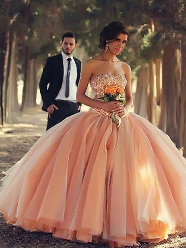 draped evening dress-Ball Gown Sleeveless Strapless Beading Floor-Length Tulle Dresses