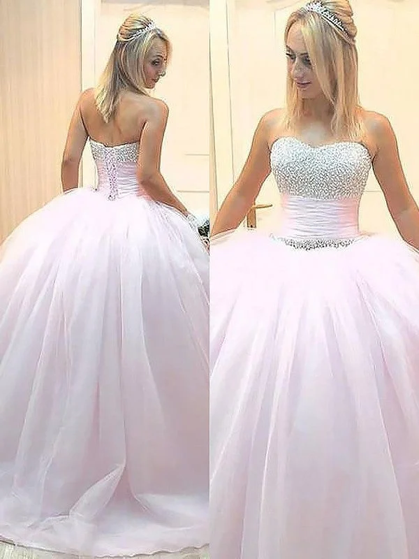 plus size evening dress-Ball Gown Sleeveless Sweetheart Beading Floor-Length Tulle Dresses