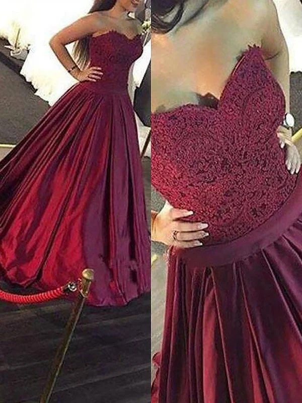 embroidered evening dress-Ball Gown Sleeveless Sweetheart Lace Floor-Length Satin Dresses