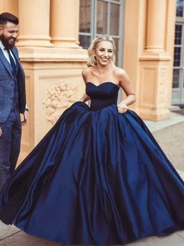 vintage-inspired evening dress-Ball Gown Sleeveless Sweetheart Sweep/Brush Train Ruffles Satin Dresses