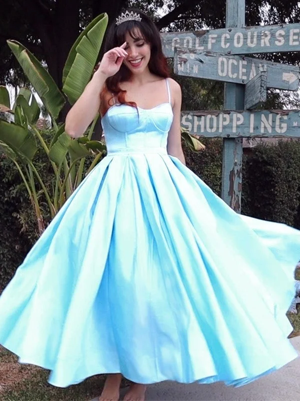 evening dress with bow-Ball Gown Spaghetti Straps Sleeveless Satin Ruffles Tea-Length Homecoming Dresses