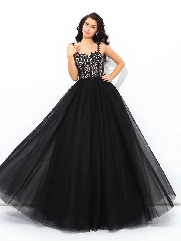 elegant mermaid evening dress-Ball Gown Straps Applique Sleeveless Long Net Quinceanera Dresses