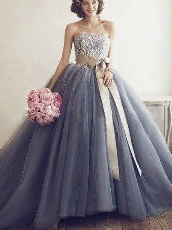 backless evening dress-Ball Gown Sweetheart Sleeveless Applique Tulle Sweep/Brush Train Dresses