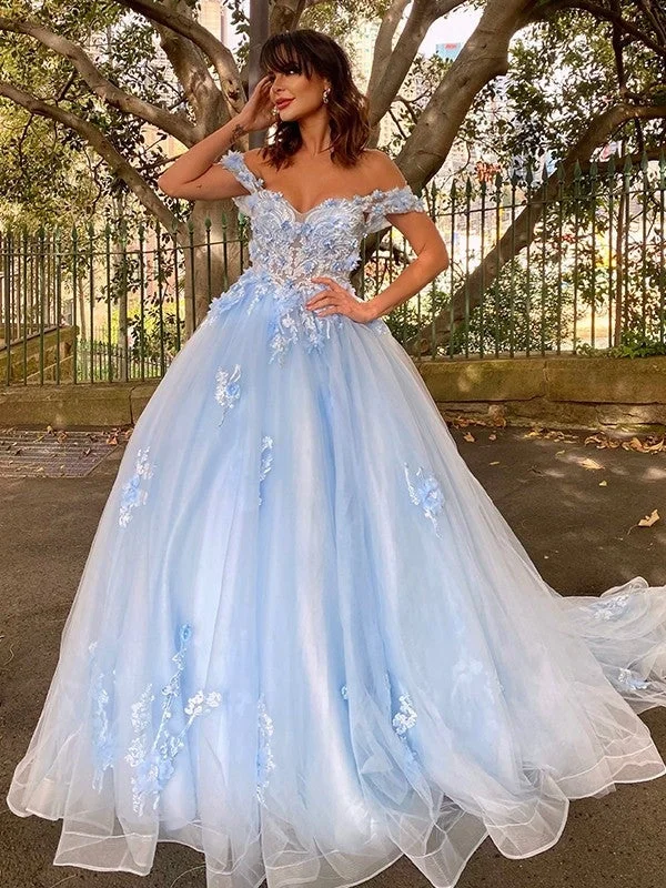 plus size evening gown-Ball Gown Tulle Applique Off-the-Shoulder Sleeveless Sweep/Brush Train Dresses