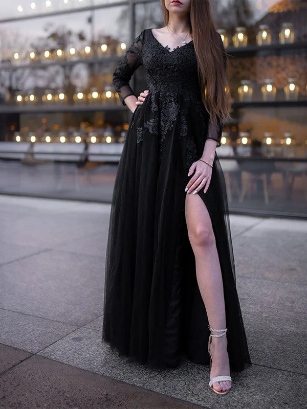 evening dress with scalloped hem-Ball Gown Tulle Long Sleeves Applique Off-the-Shoulder Floor-Length Dresses