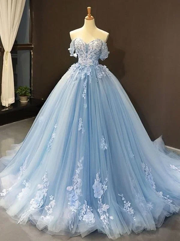 evening dress with ruffles-Ball Gown Tulle Off-the-Shoulder Sleeveless Applique Sweep/Brush Train Dress