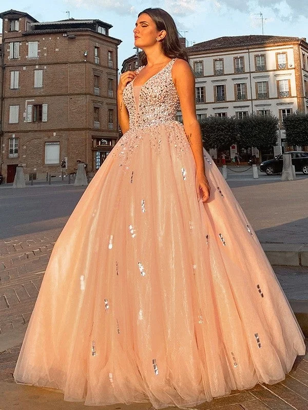 draped evening dress-Ball Gown Tulle V-neck Beading Sleeveless Floor-Length Dresses