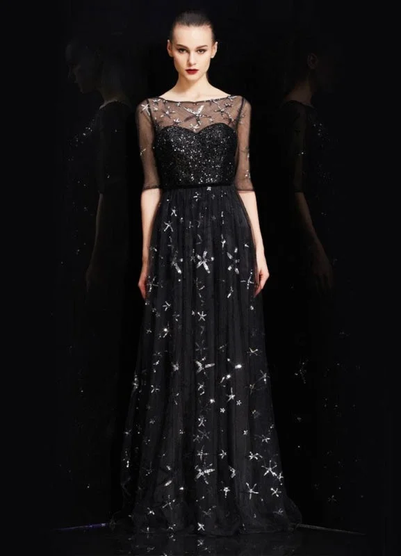 evening dress for weddings-Bateau Neck Illusion Sweetheart Sequin Star Half Sleeves Tulle Prom Dress