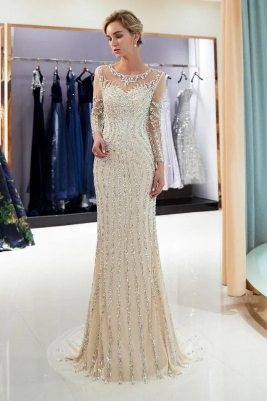 evening dress with mesh-Beaded Luxury Mermaid Crystal Sweep Train Long Sleeves Prom Dress