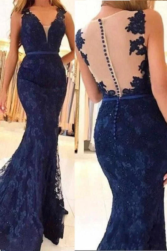 evening dress with pockets-Beautiful Fabulous Beautiful Navy Blue Sleeveless Formal Dresses Mermaid Sheer Back Lace Prom Gown