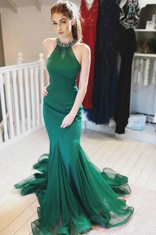 evening dress with sequins-Beautiful Fabulous Marvelous Stunning Halter Green Prom Dress with Beading Mermaid Tulle Evening Gown