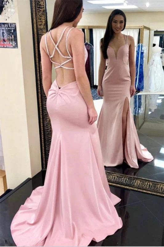 evening gown for women-Best Affordable Precious Sexy Mermaid Pink Prom with Split Criss-Cross Back Long Evening Dress