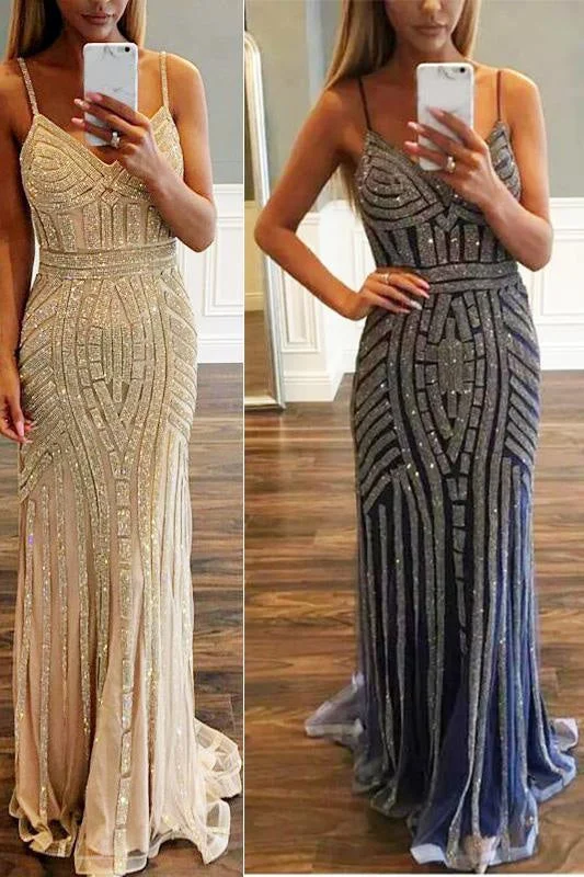 formal evening dress-Best Amazing Modest Luxurious Mermaid Spaghetti Straps V-Neck Sparkly Sweep Train Prom Party Dress