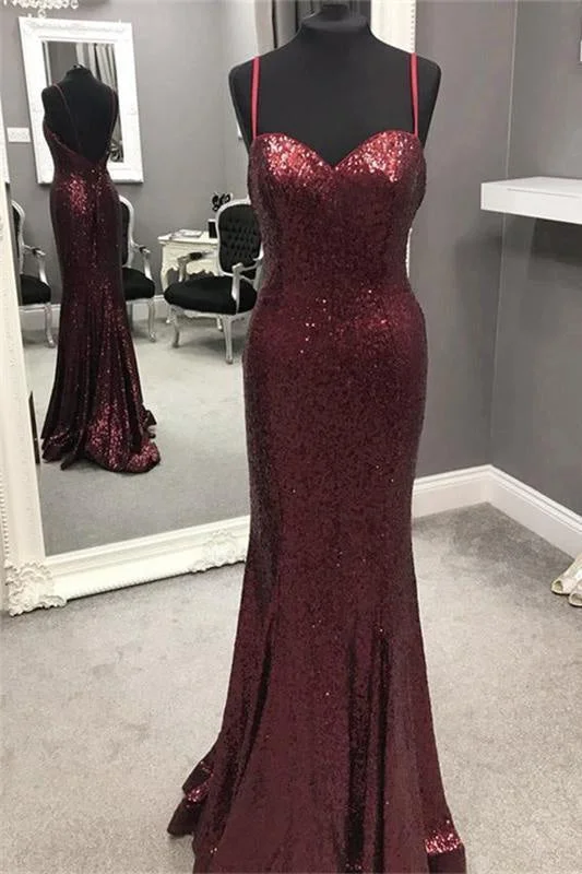 glamorous evening dress-Best Best Chic Spaghetti Strap Mermaid Sequined Prom Sparkly Floor Length Backless Evening Dress