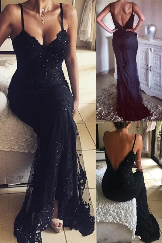 halter neck evening dress-Best Elegant Marvelous Vintage Mermaid Black Long Beaded Lace Appliques V-Neck Prom Dresses