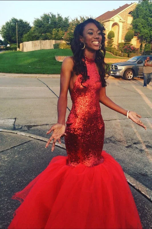 layered evening dress-Best Red Mermaid Sleeveless Prom Sequin Long Formal Dress With Sparkles