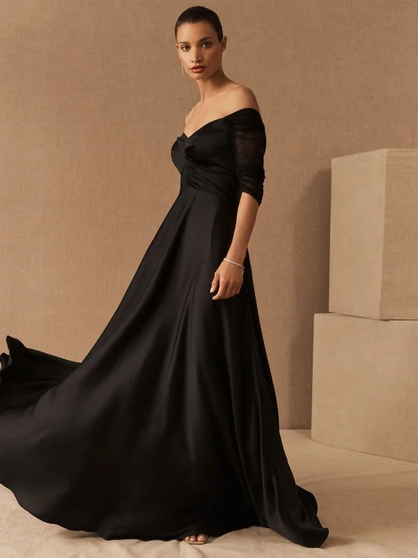 evening dress with belt-Black Evening Dress A-Line Bateau Neck Short Sleeves Zipper Pockets Matte Satin Floor-Length Formal Party Dresses