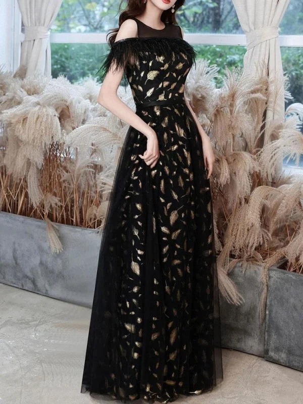 elegant black evening gown-Black Evening Dress A-Line Jewel Neck Lace Floor-Length Feathers Social Pageant Dresses