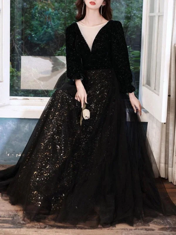 evening dress with keyhole back-Black Evening Dress A-Line Jewel Neck Long Sleeves Sequined Lace Soft Tulle Floor-Length Formal Party Dresses