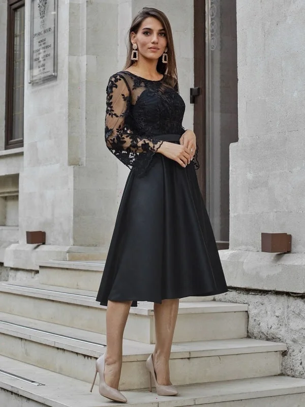 deep V-neck evening dress-Black Evening Dress A-Line Jewel Neck Long Sleeves Zipper Lace Formal Party Dresses Pageant Dress