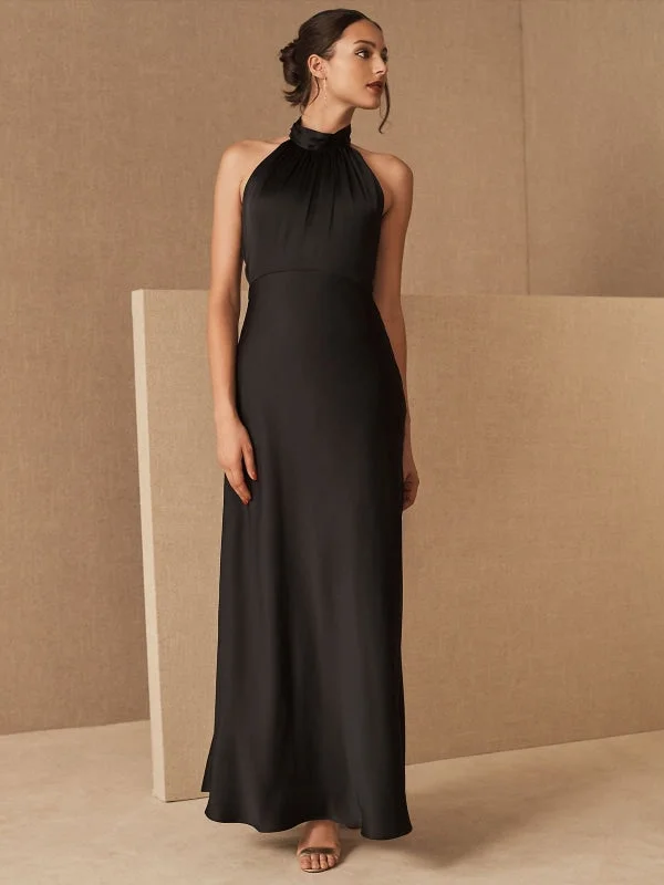 satin evening gown-Black Evening Dress A-Line Sleeveless Halter Matte Satin Floor-Length Pleated Formal Dinner Dresses