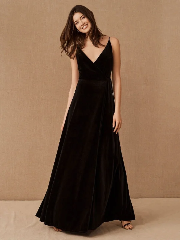 chiffon evening dress-Black Evening Dress A-Line V-Neck Floor-Length Sleeveless Zipper Sash Matte Satin Formal Party Dresses