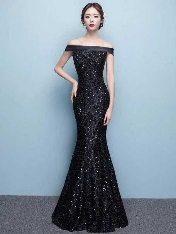 evening dress with embroidery-Black Evening Dress Lace Sequin Bateau Mermaid Formal Dress Off The Shoulder Floor Length Occasion Dress Wedding Guest Dress