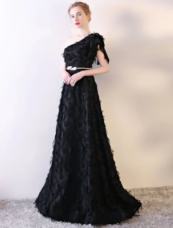 evening dress with cape-Black Evening Dress One Shoulder Prom Dress Long Lace Ruffles Floor Length Formal Dress With Sash