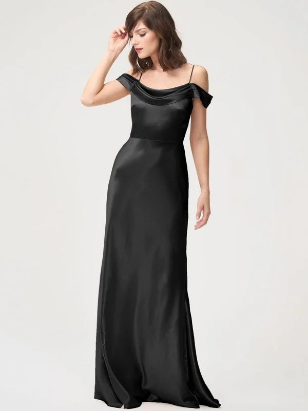 vintage evening dress-Black Evening Dress Sheath Bateau Neck Satin Fabric Floor-Length Pleated Floor-Length Formal Dinner Dresses