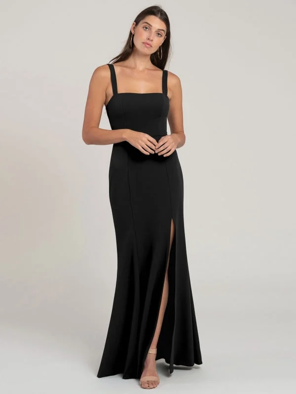 evening dress for prom-Black Evening Dress Sheath Square Neck Floor-Length Sleeveless Zipper Split Front Matte Satin Formal Dinner Dresses