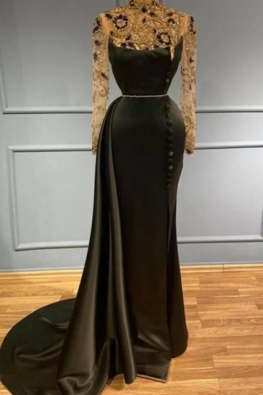 evening dress with keyhole back-Black evening dress with sleeves Floor-Length Sparkly Prom dresses