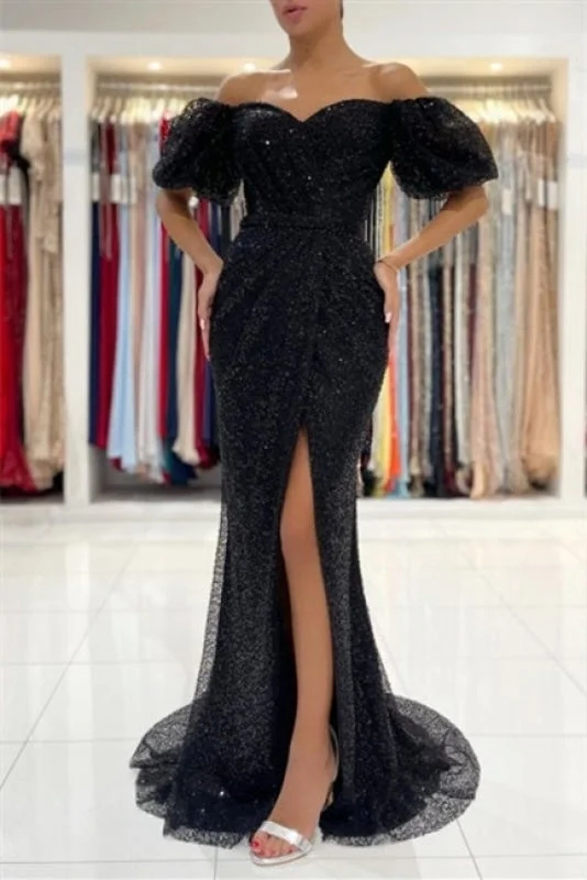 evening dress with lace sleeves-Black Glitter Evening Dresses Prom dresses with sleeves