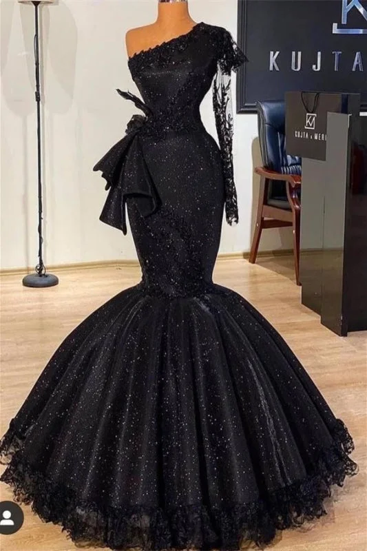 high neck evening dress-Black Glitter Mermaid Prom Dress Long Sleeves Floral Lace Party Dress