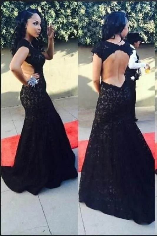 long sleeve lace evening dress-Black Lace Mermaid Dresses Open Back Cap Sleeve Long Prom Gown