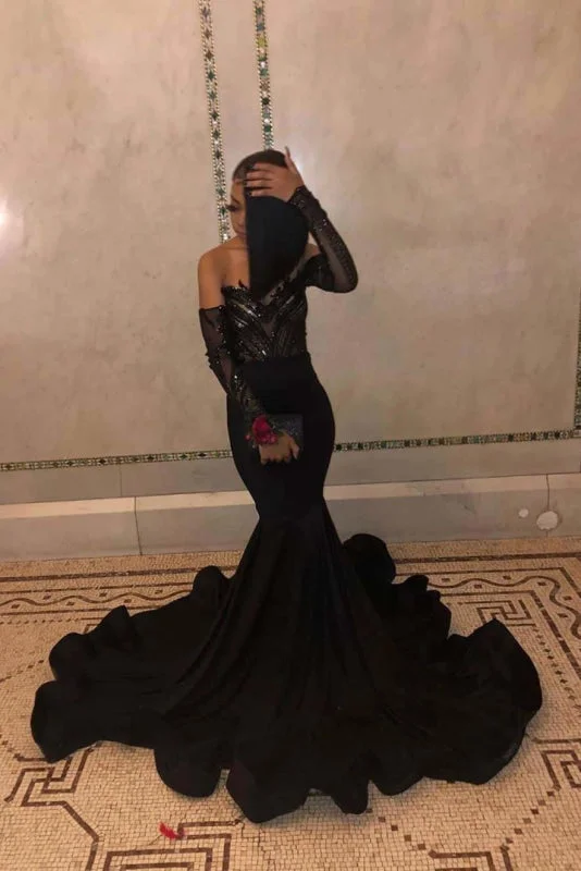 mermaid evening dress-Black Long Sleeves Floor Length Mermaid Dresses