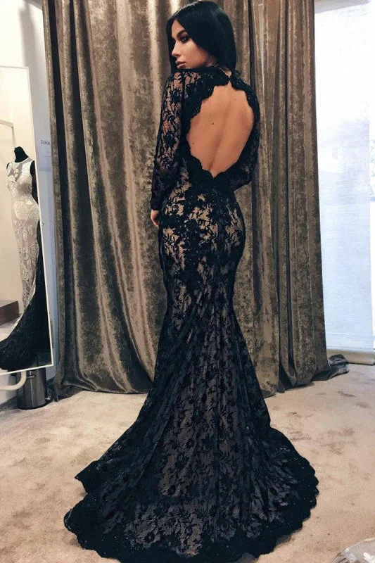 off shoulder evening dress-Black Mermaid Jewel Sleeve Lace Open Back Evening Dress Long Prom Dress