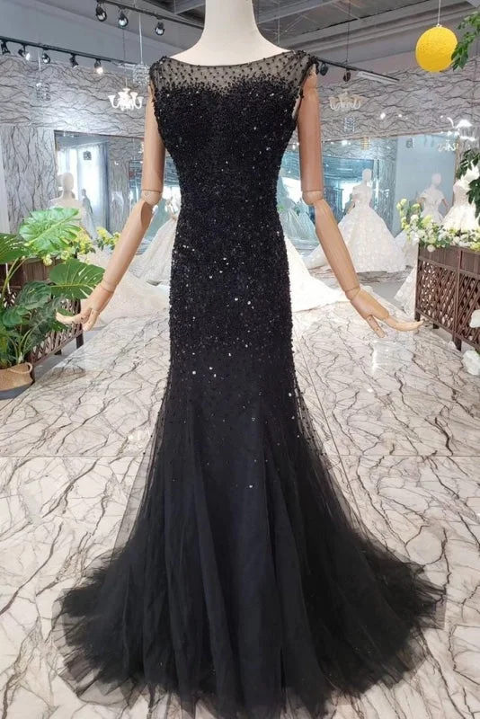 sparkling evening dress-Black Mermaid Tulle Prom Dress with Sequins Sparkly Sleeveless Evening Dresses