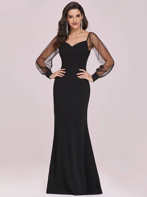 evening dress with cape-Black Prom Dress Mermaid V-Neck Satin Fabric Long Sleeves Backless Tulle Satin Fabric Party Dresses