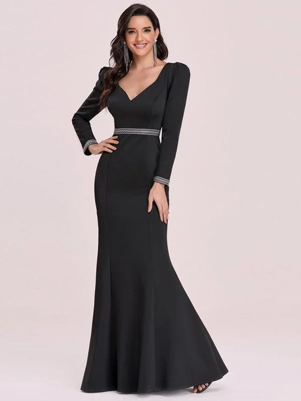 evening dress with keyhole back-Black Prom Dress Satin Fabric V-Neck Mermaid Long Sleeves Sash Floor-Length Evening Dresses