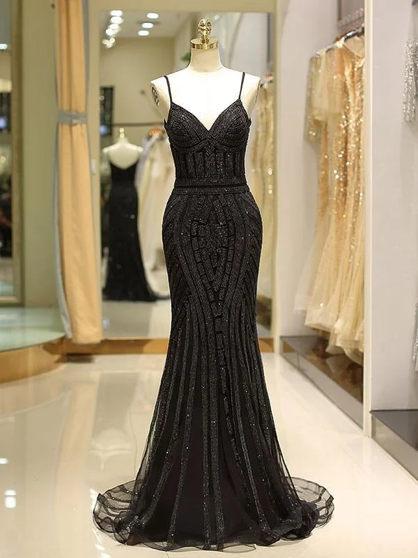 floor-length evening dress-Black Prom Dresses Mermaid Luxury Heavy Beaded Straps Long Formal Evening Dress