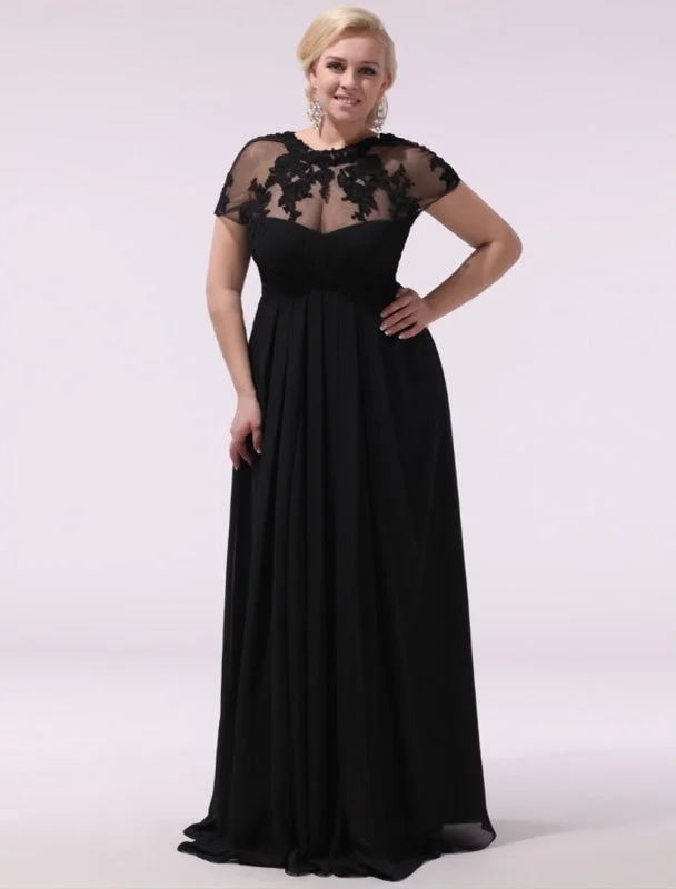 sheath evening dress-Black Prom Dresses Plus Size Evening Dress Chiffon Lace Applique Illusion Short Sleeves Floor Length Wedding Guest Dress Milanoo