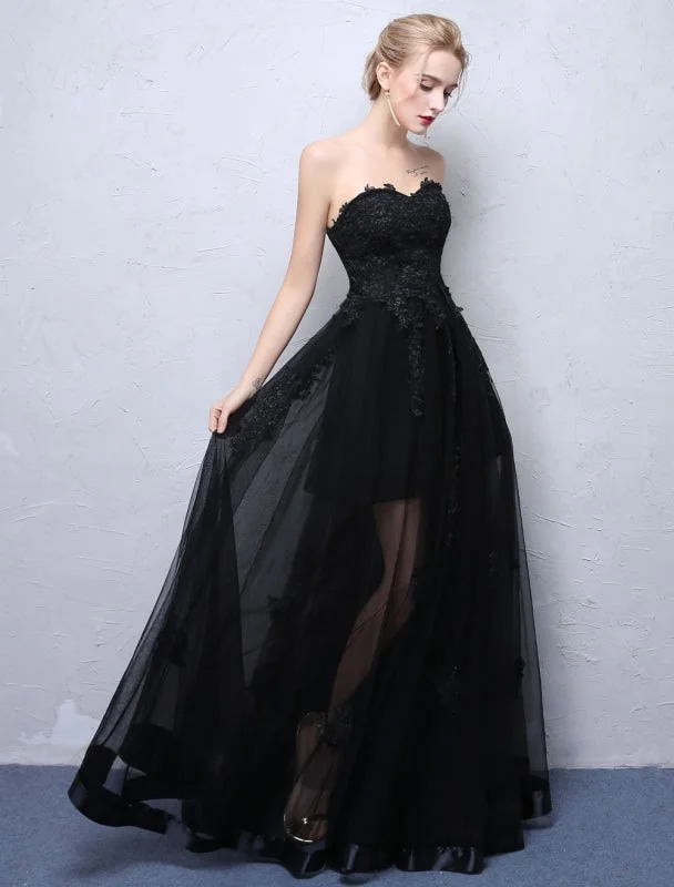 evening dress with ruffles-Black Prom Dresses Strapless Long Party Dress Lace Applique Sweetheart Illusion Formal Evening Dress