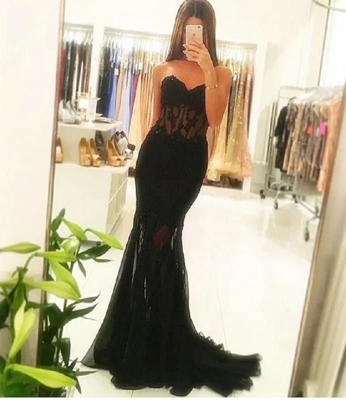 tulle evening dress-Black Prom Dresses with Lace