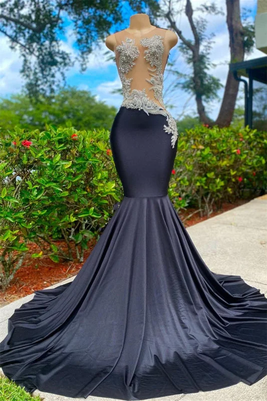 illusion sleeve evening dress-Black Sleeveless Strapless Appliques Mermaid Prom Dress