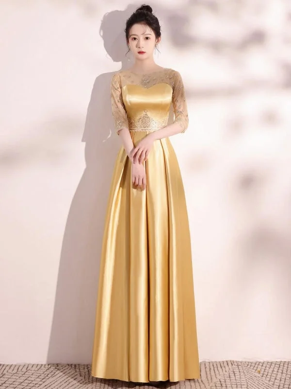 evening dress with sleeves-Blond Evening Dress A-Line Jewel Neck Half Sleeves Lace-Up Sequined Floor-Length Social Pageant Dresses