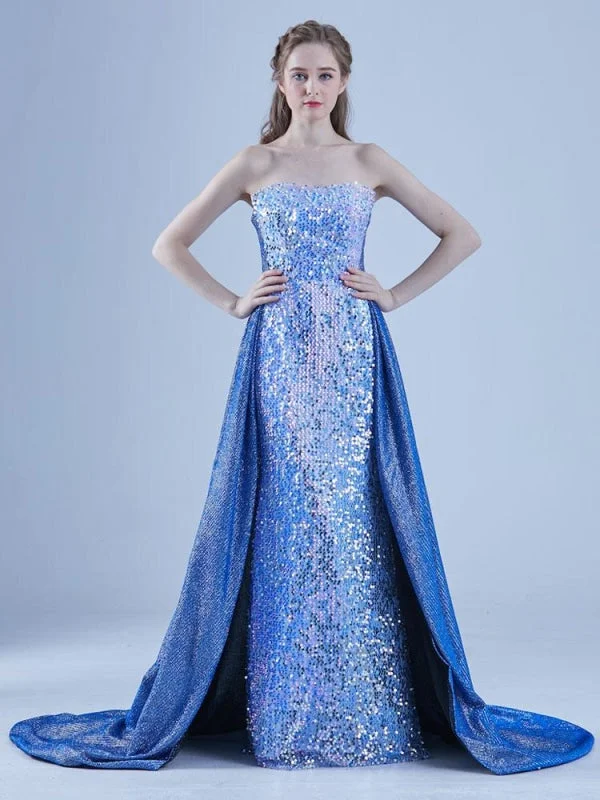 modern evening dress-Blue Evening Dress A-Line Strapless Sweep Lace-Up Sequined Social Long Party Dresses